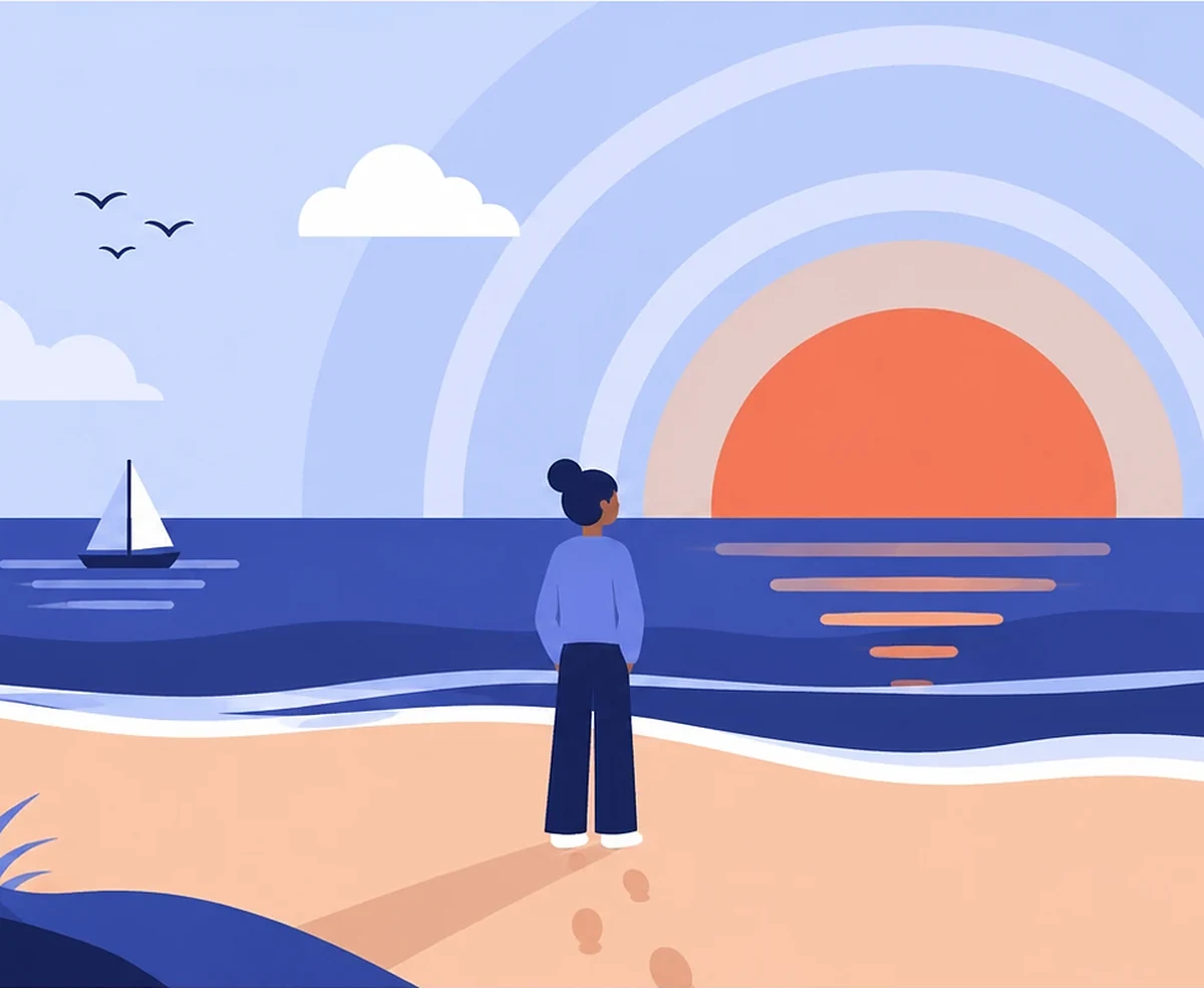 Dibujo de una mujer de pie en la playa, con sus huellas en la arena, que mira el sol sobre el mar