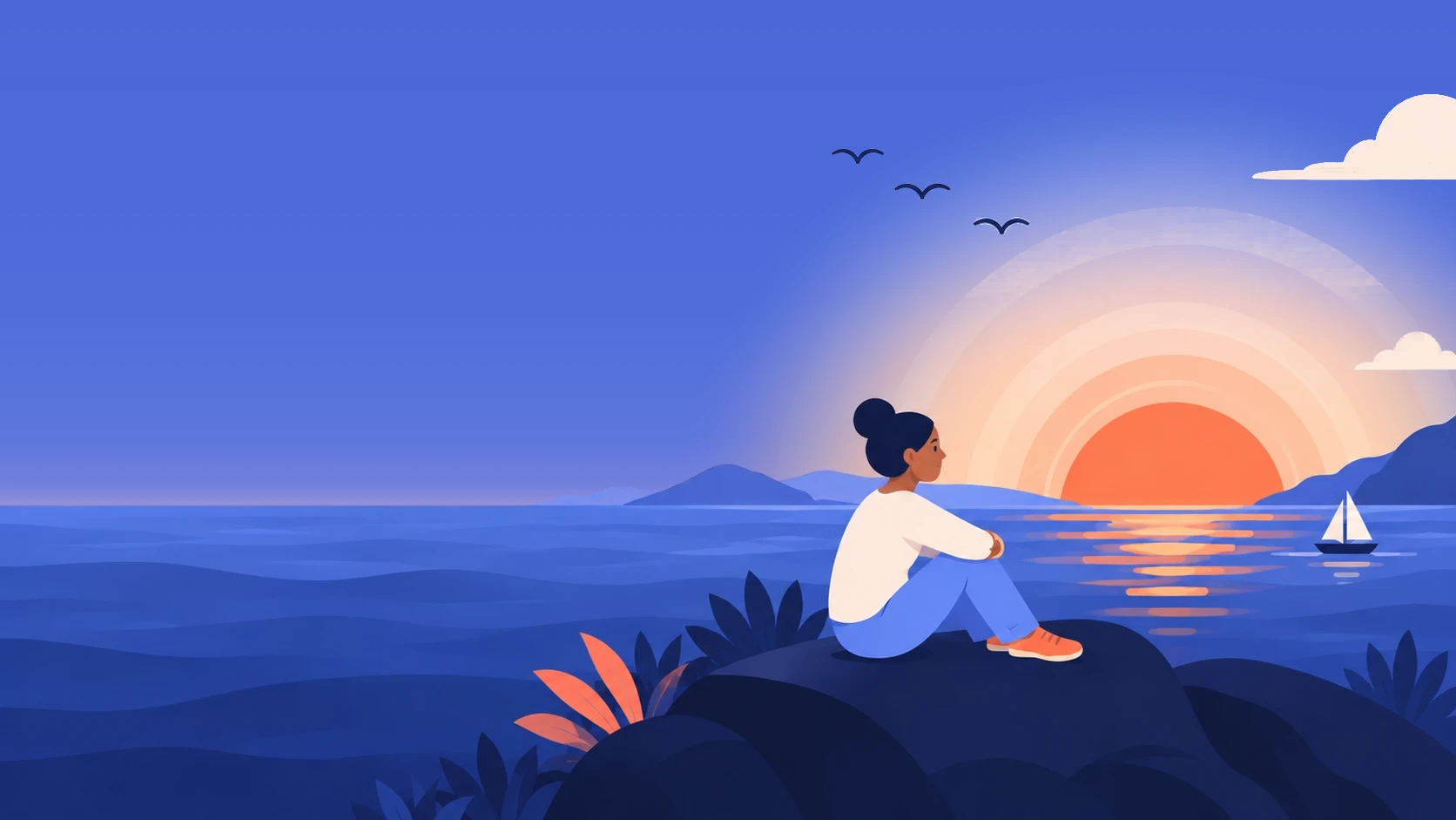 Dibujo de una mujer sentada en una roca junto al mar que mira el sol ponerse