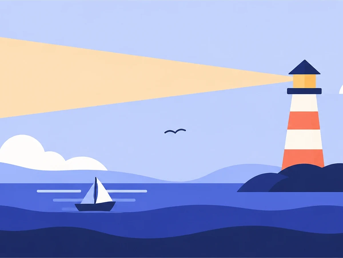 Dibujo de un faro sobre unas rocas que alumbra el mar, con una barca